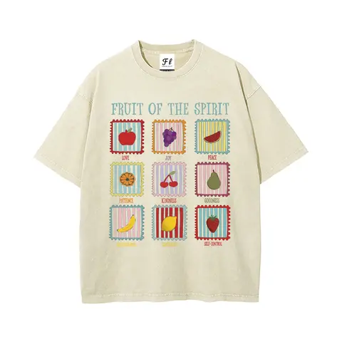 Women's Retro Washed 'Fruit of the Spirit' Christian T-Shirt - Casual, Short-Sleeve, Streetwear, Lightweight, Fashionable, Colorful Fruit Stamp, Faith-Based Oversized Vintage Gift Top, Shortsleeve, Breathable,back to school,back to school shopping, Unisex