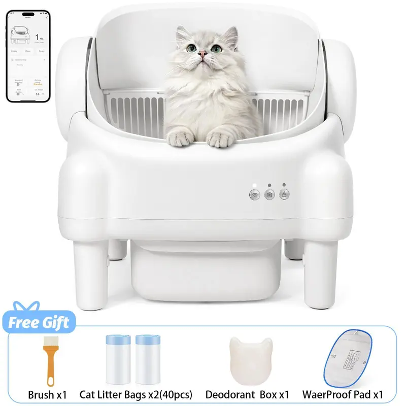 TAYACICY Automatic Self-Cleaning Cat Litter Box, Open-Top Model with 2.4G WiFi App Remote Management, 16.5"x16.5" Wide Entry, Double-Layer Detect Dual Safety Tech, 10.5L Sealed Odor Control Waste Bin, Instant Protection, Cream White,Gifts