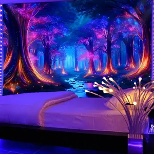 Enchanted Forest UV Blacklight Tapestry - Large Tree & Creek Design for Bedroom, Living Room, or Office Decor |       Includes Free Hanging Accessories