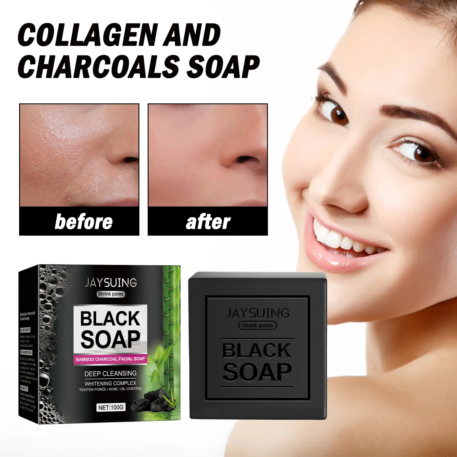 Jaysuing Bamboo Charcoal Cleansing Soap, Refreshing Oil Control Brightening Face Wash Soap Facial Foam