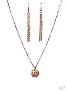 Stamped Sentiment - Copper Dainty Chain with Small Circle with Heart Burst Patterned Pendant Necklace