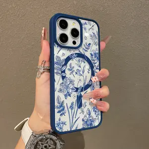 Trendy Magnetic Case for iPhone11/12/13/14/15/16/promax Blue Floral Sketch MagSafe Ready, Ultra Thin & Shockproof | Cute Pick for Girls