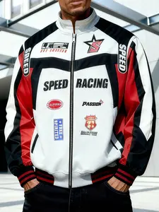 Men's Motorcycle Style Zipper Jacket, Racing Graphic Design, Pockets, Fall Fashion, Comfortable Daily Wear, Long Sleeve Punk Style