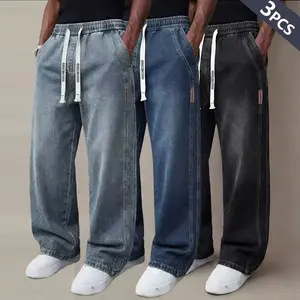 Men’s vintage washed denim jeans set, available in 3/2/1 piece options; casual long pants with a drawstring waist and elastic waistband; loose straight-leg fit suitable for everyday wear and commuting; fashionable jeans for various occasions; minimalist m