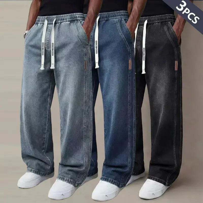 Men’s Vintage Washed Denim Jeans Set (3/2/1 Mix & Match Pieces) - Menswear Trouser Clothes, Casual Long Pants with Drawstring-Elastic Waist, Loose Straight-Leg Fit for Everyday Wear & Commuting