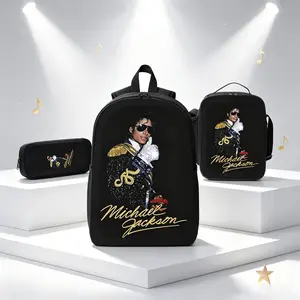Michael Jackson Backpack Set Durable Polyester 3 Piece Bookbag Lunch Bag Pencil Case Lightweight Large Capacity Back To School Travel Daypack For Boys Girls Kids Teens Students Music Fans Viral Trendy Gift