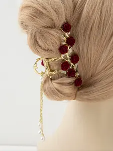 Women's Elegant Faux Pearl & Flower Decorated Hair Claw,  Exquisite Trendy Tassel Design Hair Claw, Fashionable Hair Accessories for Women & Girls, Flower Hair Clips, Hairclip