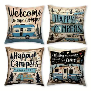 4pcs-Vintage Camper Van Throw Pillow Covers, Retro Signage Painting Decor Cushion Covers, for Porch Patio Couch Sofa Living Room Outdoor, 2D Flat, Single Sided Printing, No Pillow Core