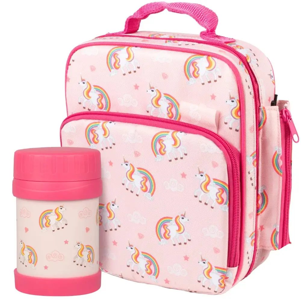 Bentology Unicorn Insulated Lunchbox Kit w Matching Reusable Thermos Food Jar - Kids Thermal Lunch Bag- Easy to Clean Water-Resistant- Mini Cooler Tote- Back to School