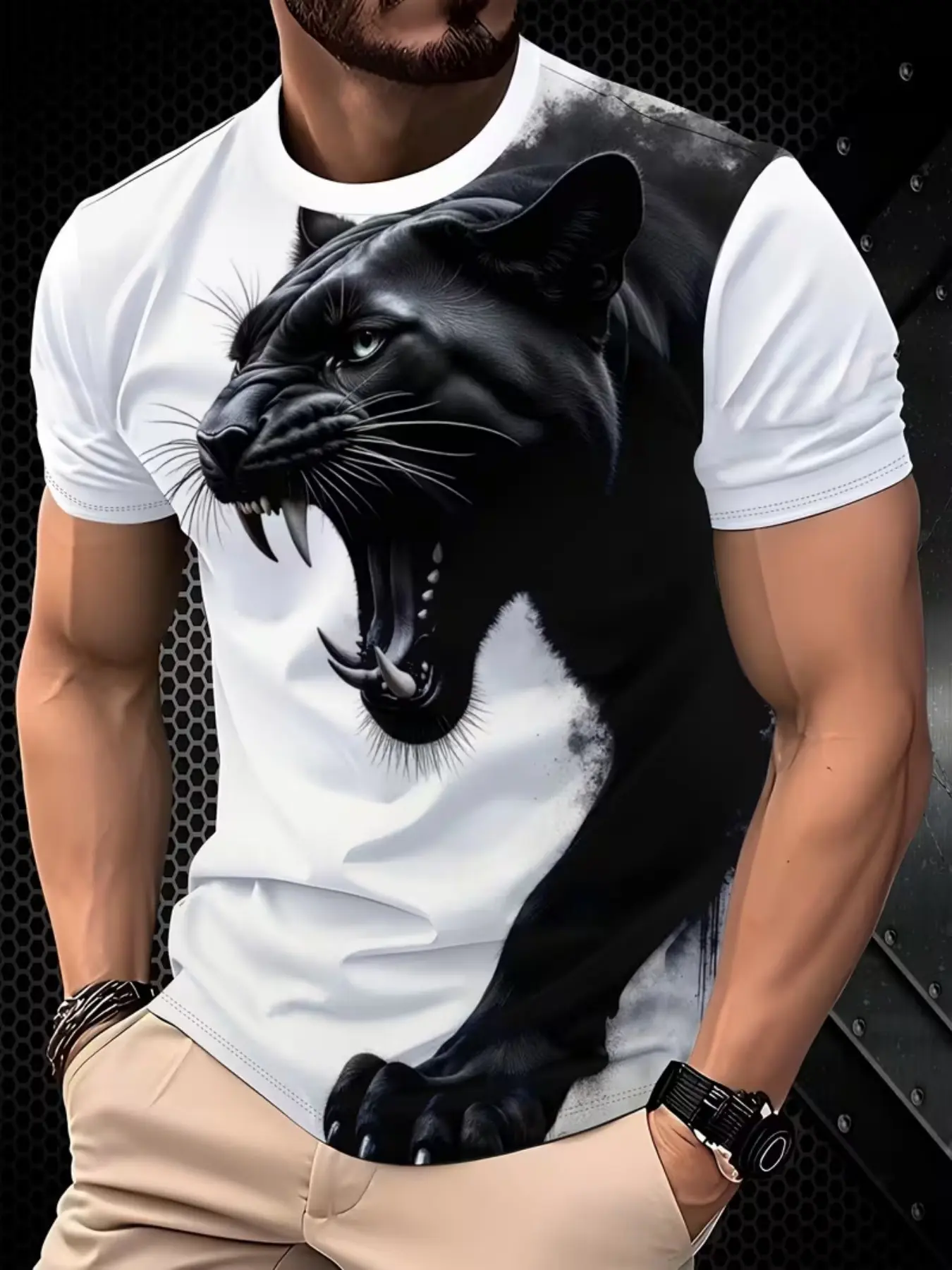 Men's Panther Graphic Short Sleeve Fitted Tee, Casual Streetwear, Trendy Cool Design, Essential Fashion Top for All Seasons
