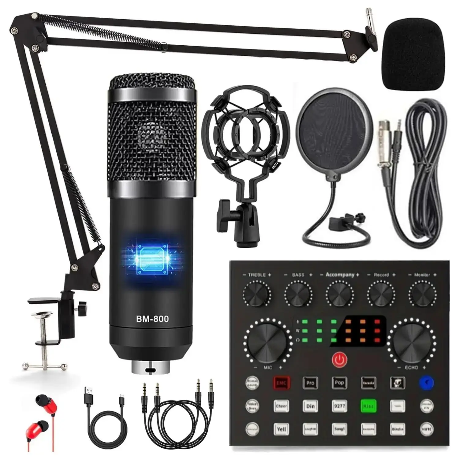 Podcast Equipment Bundle, V8S Audio Interface with BM-800 Condenser Microphone, Studio Equipment with Mic Arm for Podcast, Streaming, Voice Over, Sing