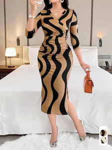 Women's Elegant Chic Formal V-Neck Dress, Long Half-Sleeve Ruched Fitted Design, All-Over Wave Pattern, Fall & Winter Fashion