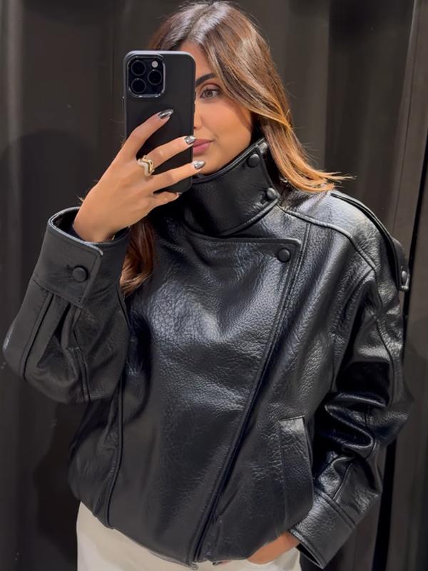 2026 Women's Black PU Leather Jacket, Oversize Asymmetrical Outerwear with Zipper, Long Sleeve Street Style Biker Jacket for Autumn
