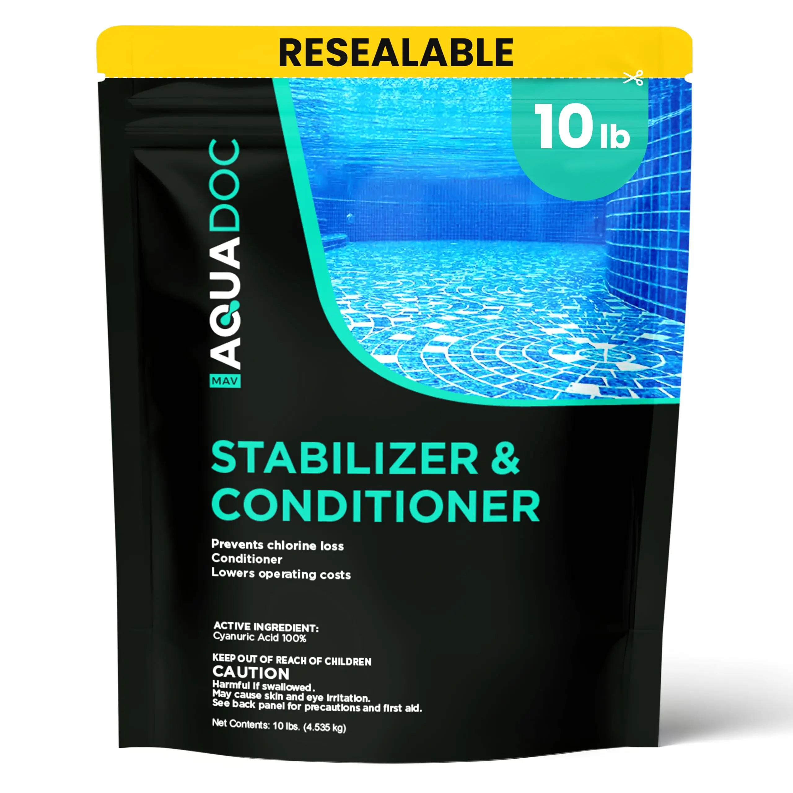 MAV AquaDoc 10lb Cyanuric Acid Pool Stabilizer and Conditioner - Made in USA, Pool Cleaning Supplies, Chlorine Loss Prevention, UV Protection, Chemical Cost Reduction