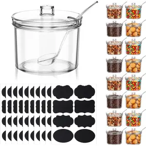 16Pcs Toppings Containers with Lids and Spoon with Tag, 7.1 Oz Clear Acrylic Sugar Salt Dispenser for Countertop, Ice Cream Sundae Toppings, Condiment Organizer Set for Restaurant Supplies