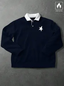 Men's loose-fitting long-sleeved sweatshirt with a contrasting polo collar, suitable for autumn and winter wear, featuring a star print and a casual style.