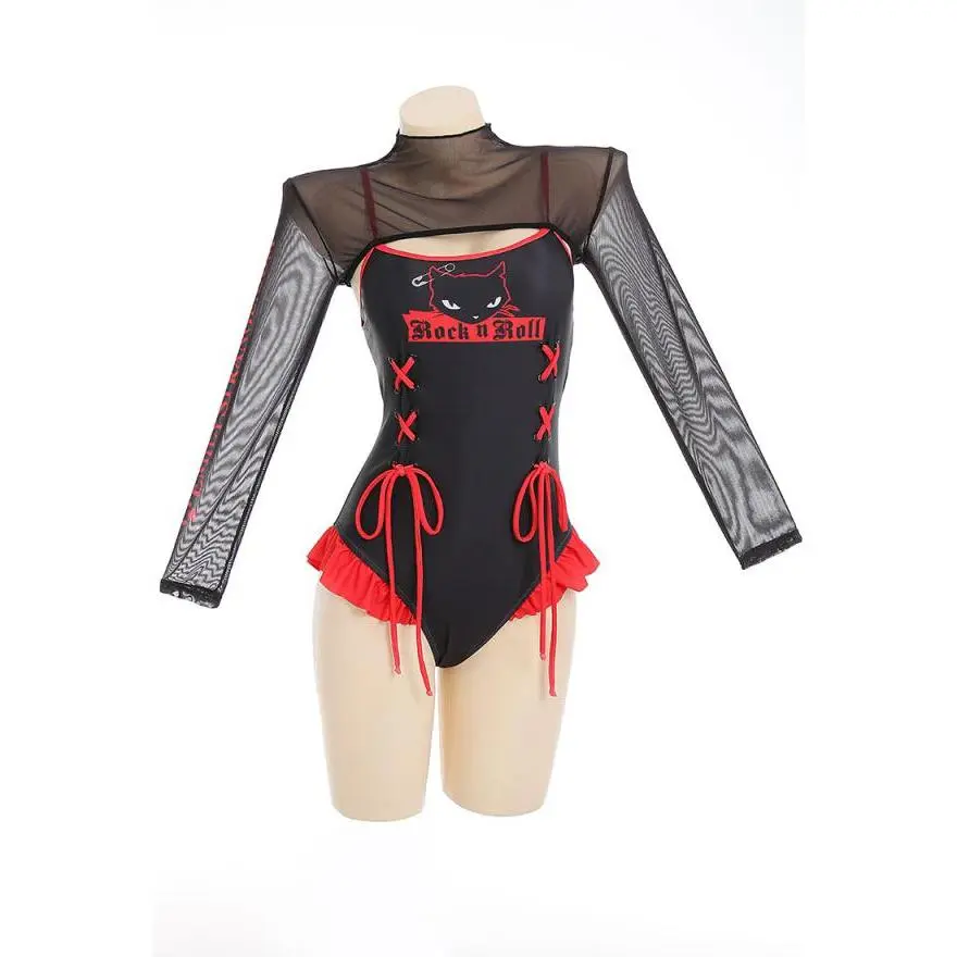 Emily the Strange Black Fantasy One-Piece Swimsuit Print Lace-up Ruffled Bathing Suit With Mesh Shrug Cover Up
