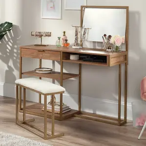 Brown Vanity Table with Chic Storage, Makeup Dressing Desk with Drawers & Mirror, Modern Bedroom Furniture with Stool