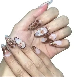 N93 Medium Almond 3D Brown Gold Flower Press on Nails-‎ Tortoiseshell Leopard French Tip Blossom Gradient Design,10Pcs Handmade Fall/Autumn/New Year Glue on Acrylic Fake Nail Press ons for Women
