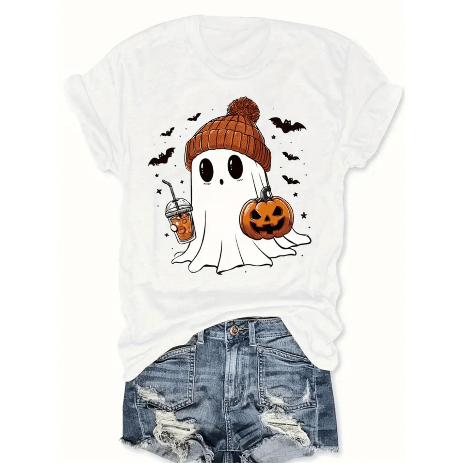 Women's Halloween Graphic Print T-Shirt - Short Sleeve Crew Neck Casual Top with Playful, Pumpkin & Bat Design, Light Grey, Machine Washable, All-Season Comfort, Halloween Clothes, Festive Apparel, Relaxed Fit Tee