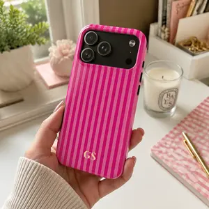 Personalized Pink Phone Case Custom Monogram iPhone Case Aesthetic Pink Striped Phone Case Summer Coastal Phone Case Preppy Phonecase Beachyiphone 17 16 15 14 13 12 11cases Festive Bow Anti-drop retro luxury