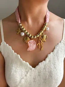 Pink Fabric Imitation Pearl Resin Starfish Conch Seashell Pendant Stainles Steel Necklace Popular Handmade Dainty Fashion Jewelry Gift