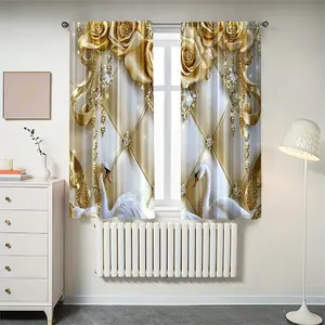 2 pieces high-definition digital, gold rose and swan printed, Sheer printed curtains, semi-transparent privacy protection, fade resistant, hand/machine washable, suitable for bedroom and living room