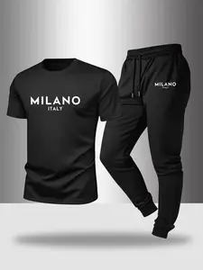 Men's Short Sleeve T-Shirt and Long Pants Set, Milano Italy Letter Print Crew Neck Tee for Casual Wear, Drawstring Leisure Pants for Light Workouts