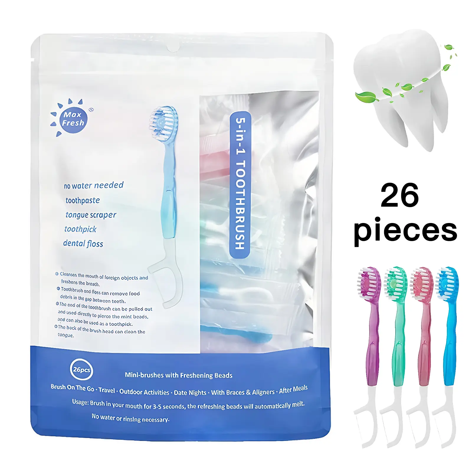 26pcs 5-in-1 Disposable Mini Toothbrush Set - Individually Wrapped Oral Care Kit with Floss, Tongue Scraper, Toothpick, Toothpaste, Portable Compact for Travel, Business Trips