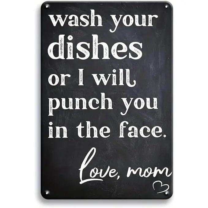 Lightweight Metal Tin Sign - Funny Sarcastic "Wash Your Dishes Or I Will Punch You In The Face" Plaque, 8x12in Outdoor Safe Home Kitchen Decoration Gift