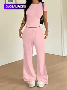 Women's Casual Basic Tight-Fitting T-Shirt and Loose Long Pants Two-Piece Set, Spring Summer Fashion, Comfortable and Stylish, Womenswear