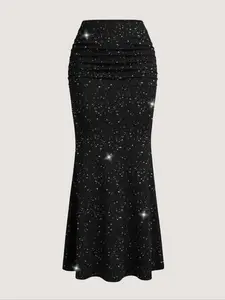 Women's Starlight Skirt Fashion Aesthetic Slim Fit Sequin Galaxy Pleated High Waist Bodycon Mermaid Midi Evening Dress, Elegant Formal All Seasons