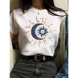 Sun and Moon Print Casual Crew Neck T-Shirt for Women Perfect for Spring and Summer