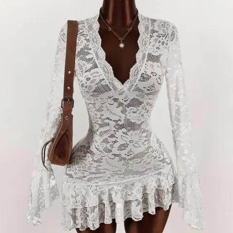 Lace Bell Sleeve Short Dress, Elegant V Neck Sheer Fitted Waist, Floral Pattern, Perfect for Dates Parties Bars, Women's Fashion Fabric