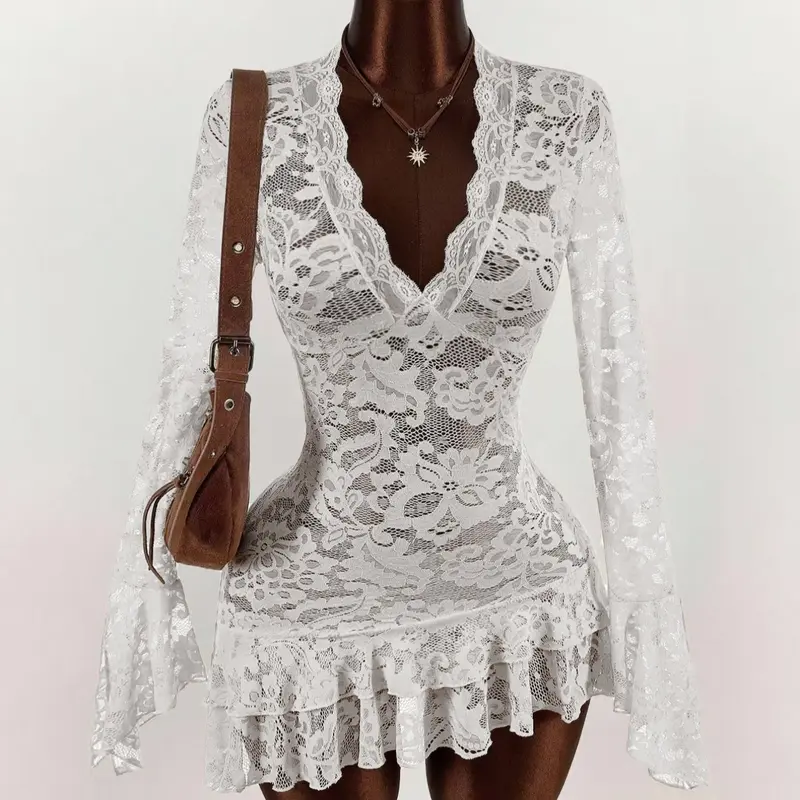 Lace Bell Sleeve Short Dress, Elegant V Neck Sheer Fitted Waist, Floral Pattern, Perfect for Dates Parties Bars, Women's Fashion Fabric