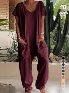 1/2/3 pcs Oversized Women's Harem Jumpsuit, Bohemian Style One-Piece with Side Pockets, Basic Casual Fashion Womenswear for All-season 2026