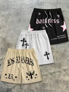 Men's Gothic Print Casual Shorts, Los Angeles Gothic Font + La Letters + Angel Wings Crossbone Print, Elastic Waist, Loose Fit, 3 Pack