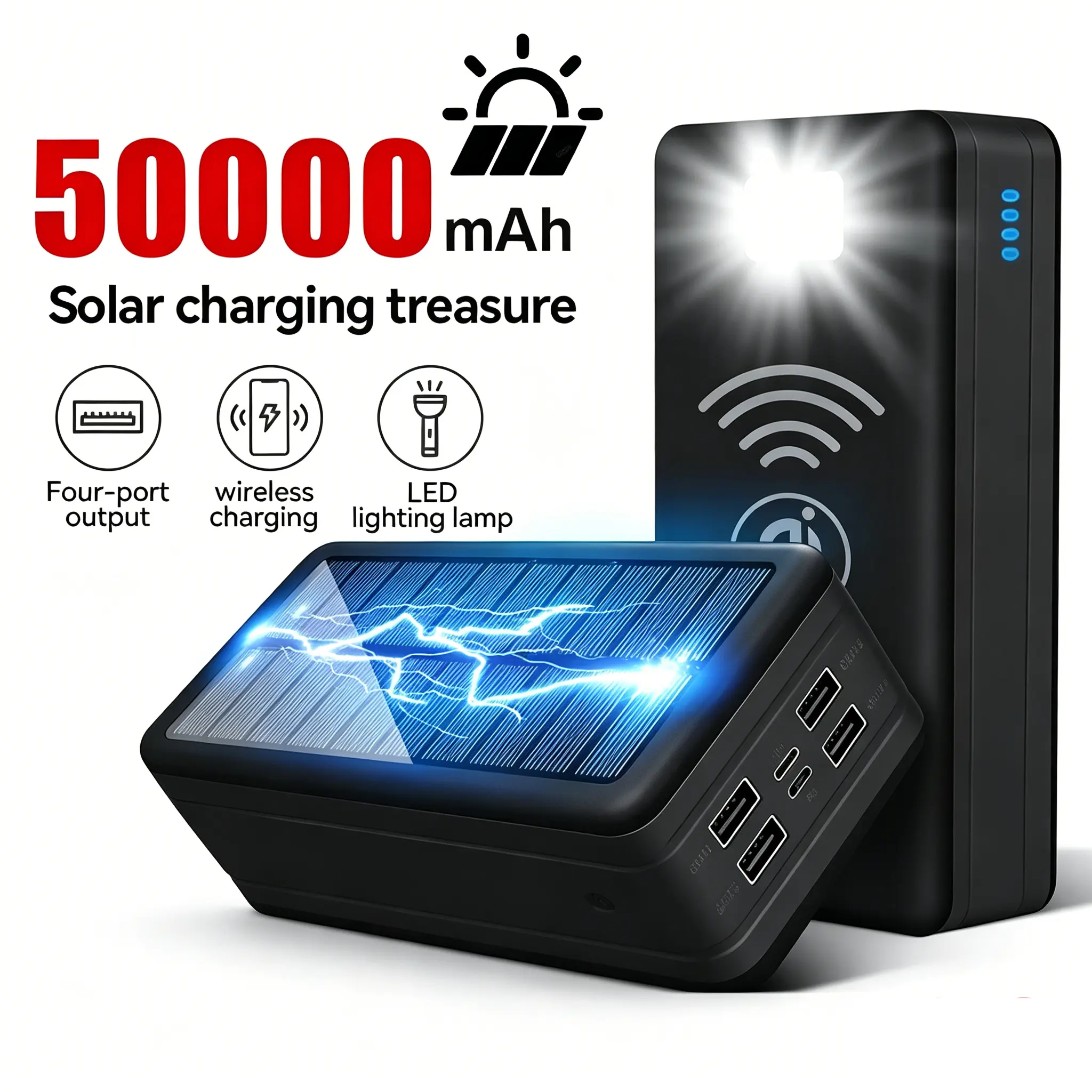 50000mAh Big Capacity Solar Power Bank, All-in-One Outdoor Solar Charger with 120W Fast Charging Function, Waterproof Portable Backup Battery for iPhone Samsung Huawei Xiaomi Camping Trips