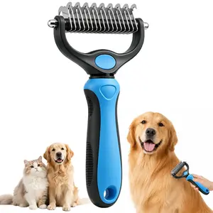 Deshedding dog brush, double-sided undercoat rake, pet detangling comb for dogs and cats—professional grooming tool for tangles, knots, and long fur
