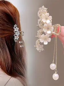 Tea Flower Water Drill Imitation Pearl Fringe Hair Clip, Elegant Metal Hair Accessory, Perfect for Styling and Updos, Wedding, Prom Mom Hair Clip, Durable Design