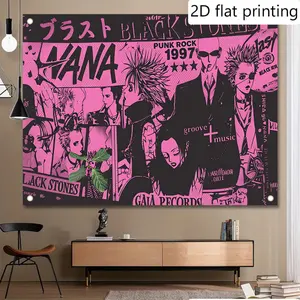 wolass Nana Anime Tapestry Wall Hanging - Japanese Manga Art Poster with Nana & Black Stones Punk Rock, Pink & Black Cool Aesthetic Wall Decor for Otaku Fans, Music Lovers, Dorm, Bedroom, for halloween/Christmas/New Year Party - Durable