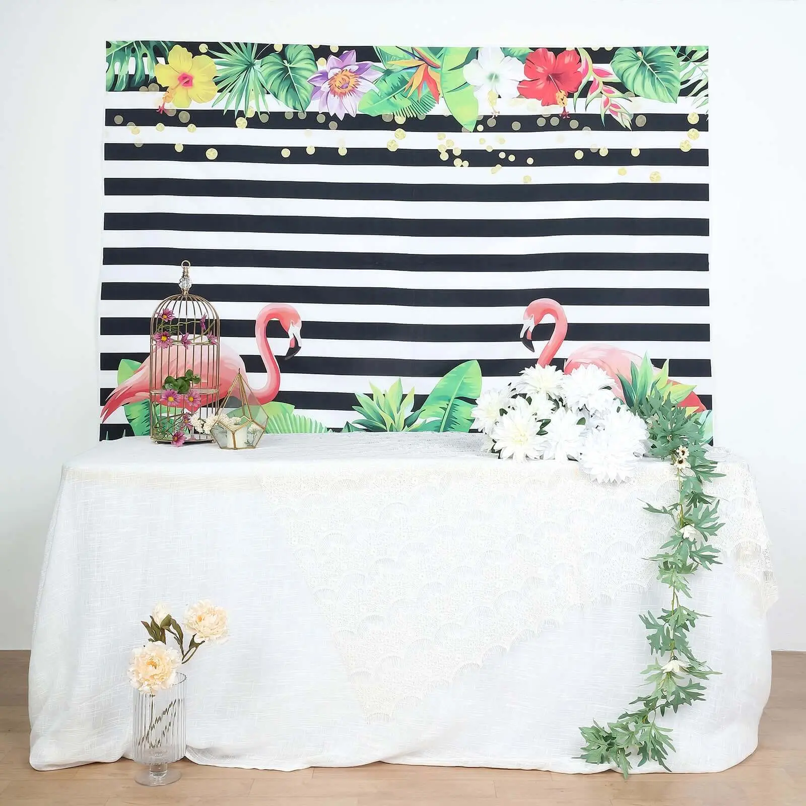 5ftx7ft Pink Flamingo Stripe Print Vinyl Fabric Backdrop Banner, Digital Party Decor for Baby Shower