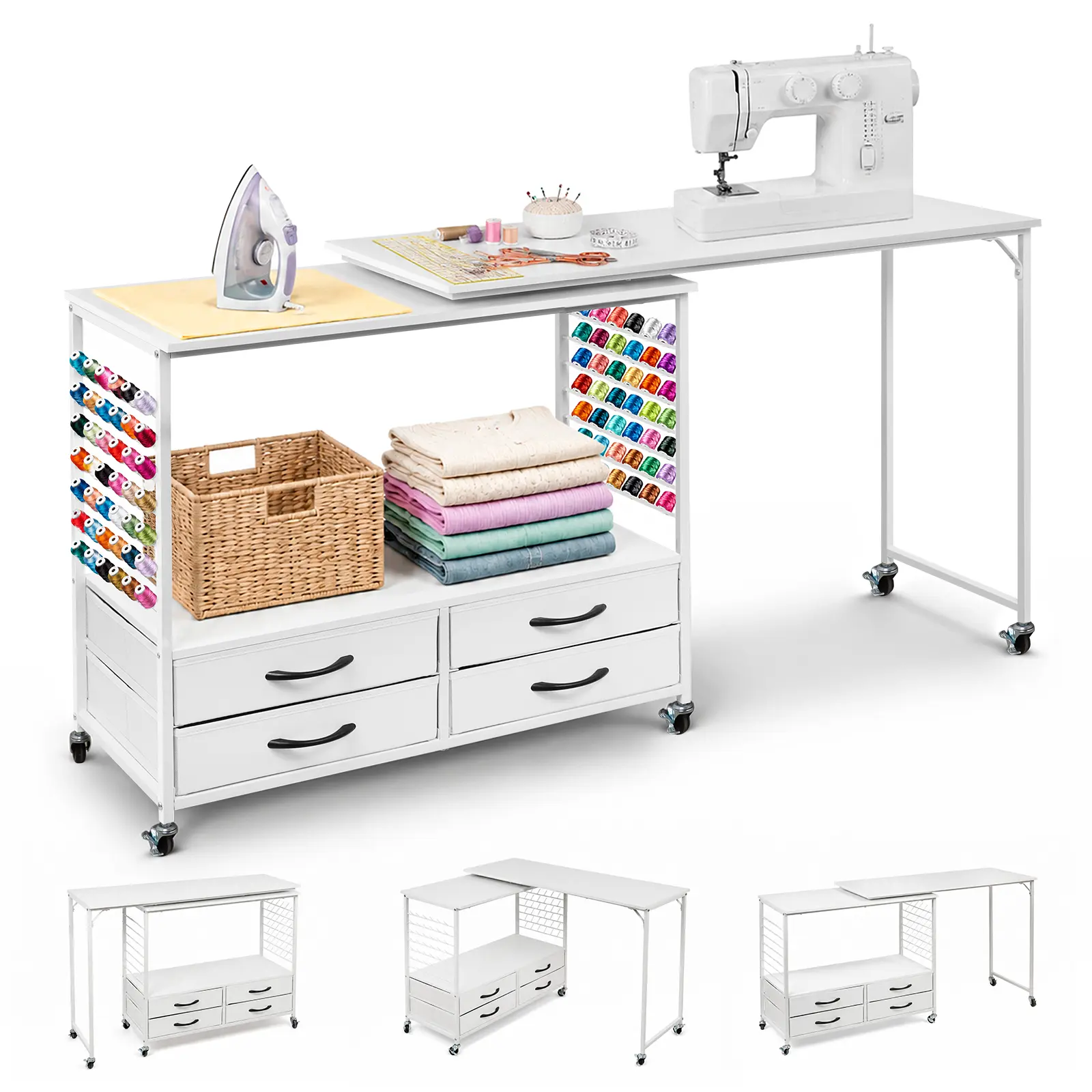 Sewing Table with Storage, 46.6'' Folding Sewing Machine Table with 70 Pegs, 4 Drawers | Sewing Desk Multipurpose Craft Station with Lockable Wheels, Shelves