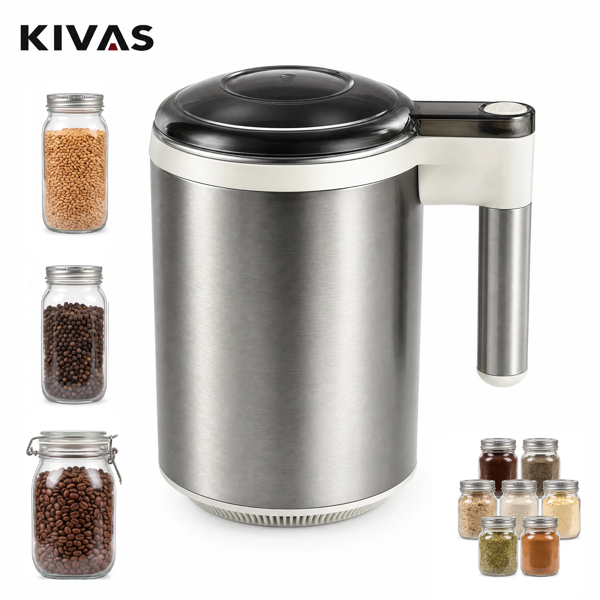 KIVAS UL-Certified Portable Coffee Machine, 12-Blade 300W 3-in-1 Multifunctional Kitchen Grinder, 20 fl oz (2-Cup) Capacity, See-Through Lid, Fine Grinding for Coffee Beans/Spices/Grains, Daily Use, Free Cleaning Brush Included