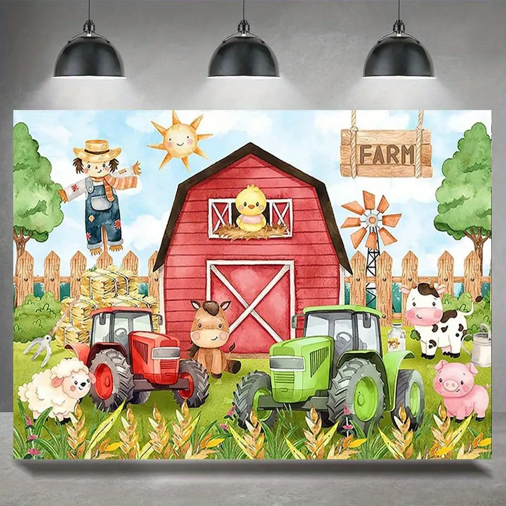 1PC 2D Flat Polyester Farm-Themed Party Backdrop Banner - Reusable Cartoon Animals-Tractor Barn Curtain, Children’s Birthday Party Decoration Photo Background Prop