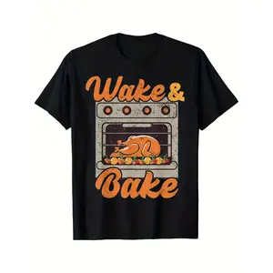 Boys' Thanksgiving Turkey & Oven Door Graphic T-Shirt - Funny Cooking Design with "Wake & Bake" Text - Black Casual Short Sleeve Round Neck Tee for Halloween, Christmas - Machine Washable Summer Top For Boys, Seasonal Clothing, Playful Print