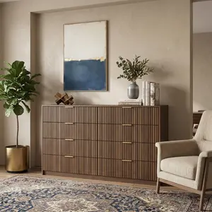 Walnut Fluted Modern Dresser, Extra Wide Chest Of Drawers, Wooden Storage Cabinet with Luxury Gold Handles, Mid Century Style Organizer for Bedroom Living Room Entryway Home Furniture