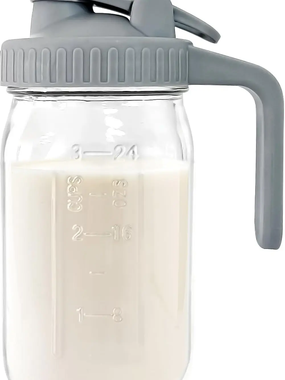 JunVpic Breast Milk Pitcher - 32 oz Glass Mason Jar with Dual Leak-Proof Design, Airtight Seal, Pour Spout & Handle, Storage Container for Breastmilk, Iced Tea & Ice Drinks（Gray）