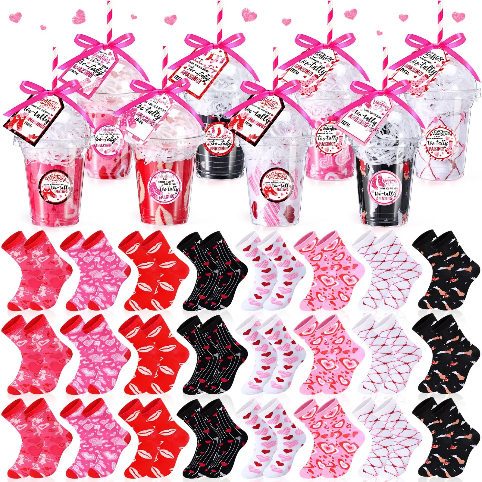 24 Set Valentine's Day Cup Socks Gifts, Bulk Pink Heart Fuzzy Fluffy Socks, Galentines Gifts Party Favor for Women
