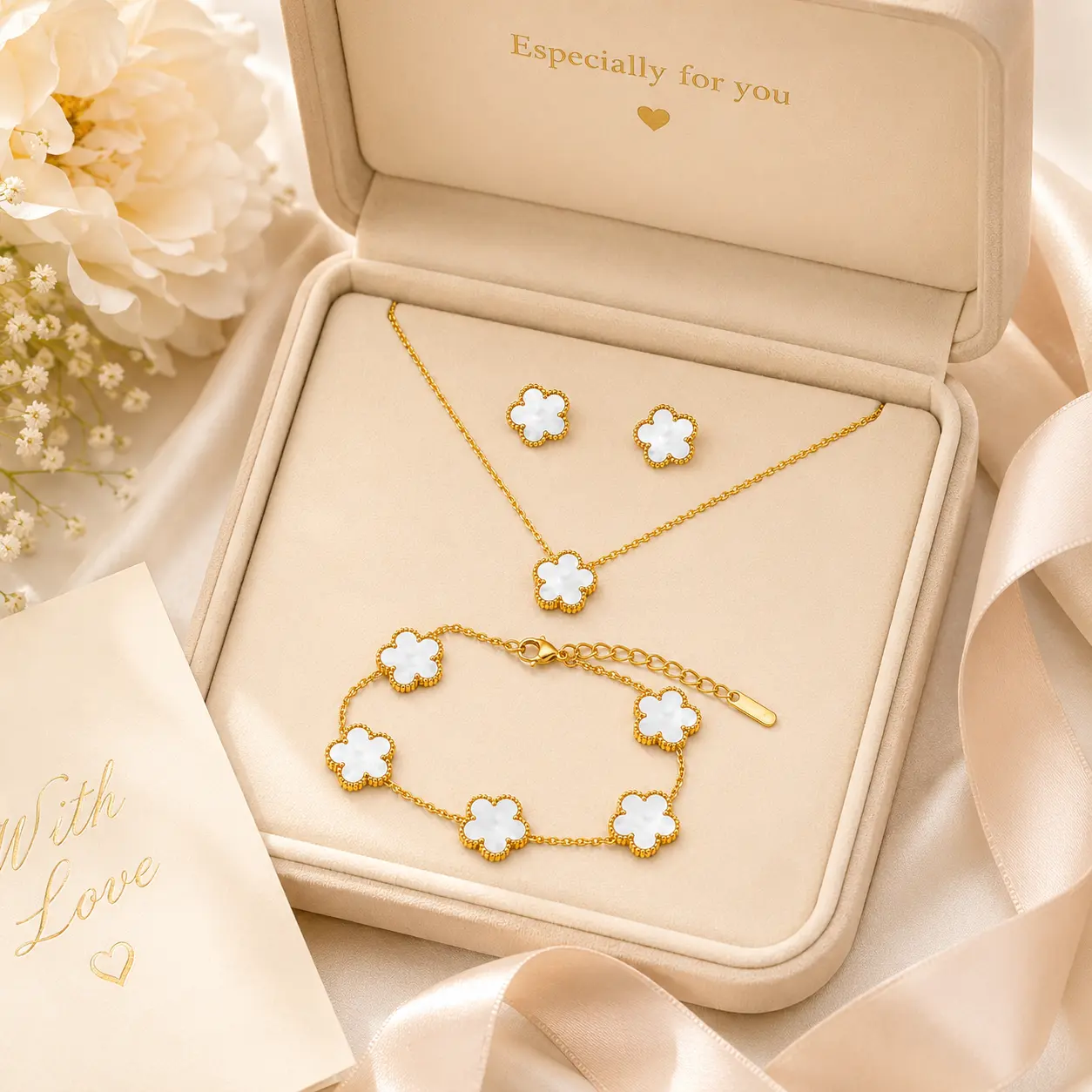 14K GOLD XP Lucky Clover Jewelry Set Stainless Steel Dainty Necklace Bracelet Earrings 3 in 1 Suit Flower Charms Gold Plated Chain Non Tarnish Hypoallergenic Accessories Valentine Gift for Women